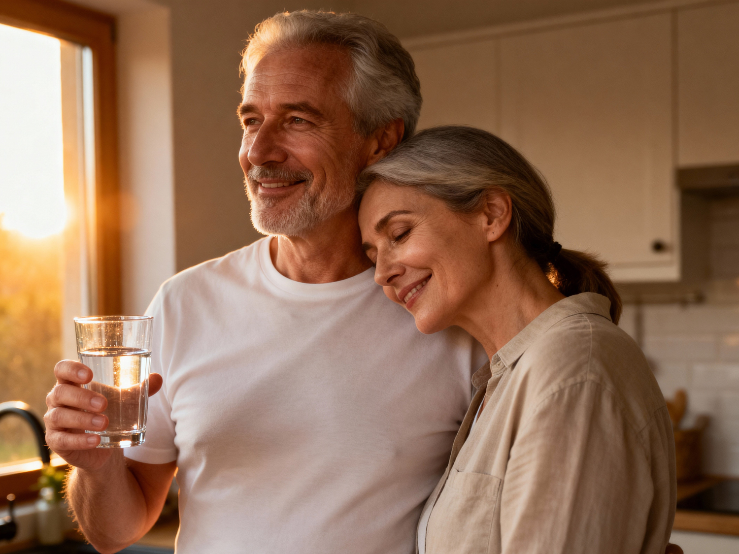 Couple in love in their kitchen soft sunrise