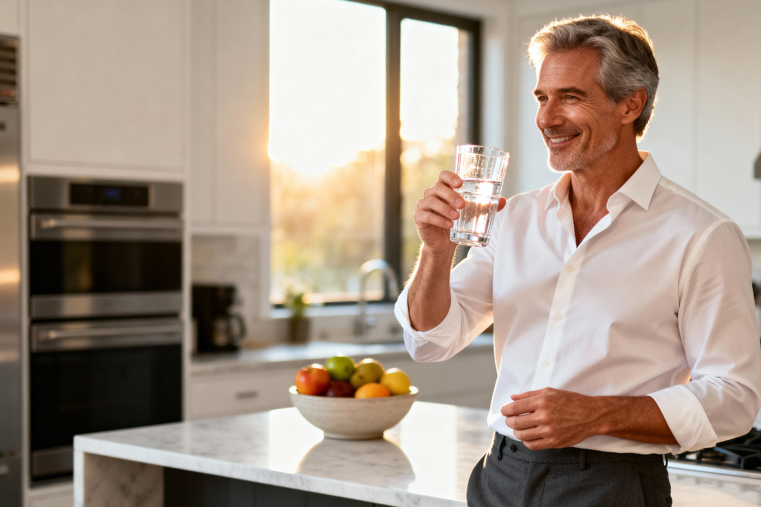 Man in kitchen drinking water