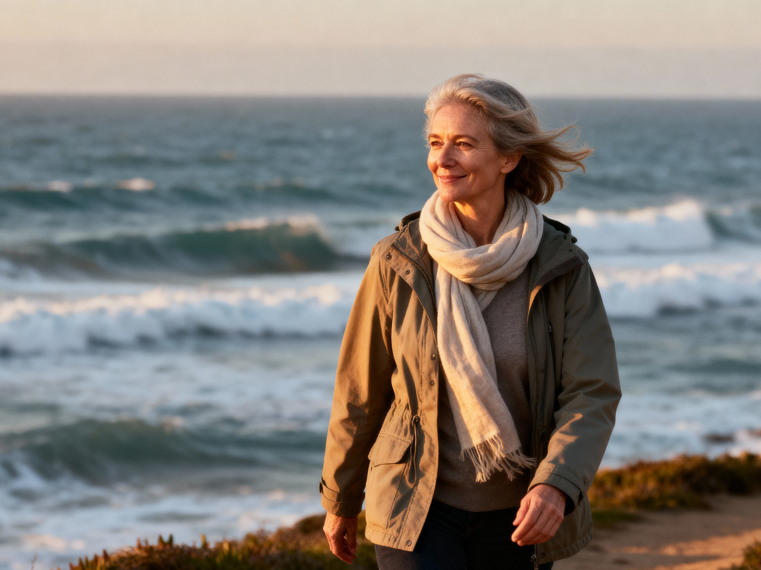 Woman strolling on the beach in a scarf 