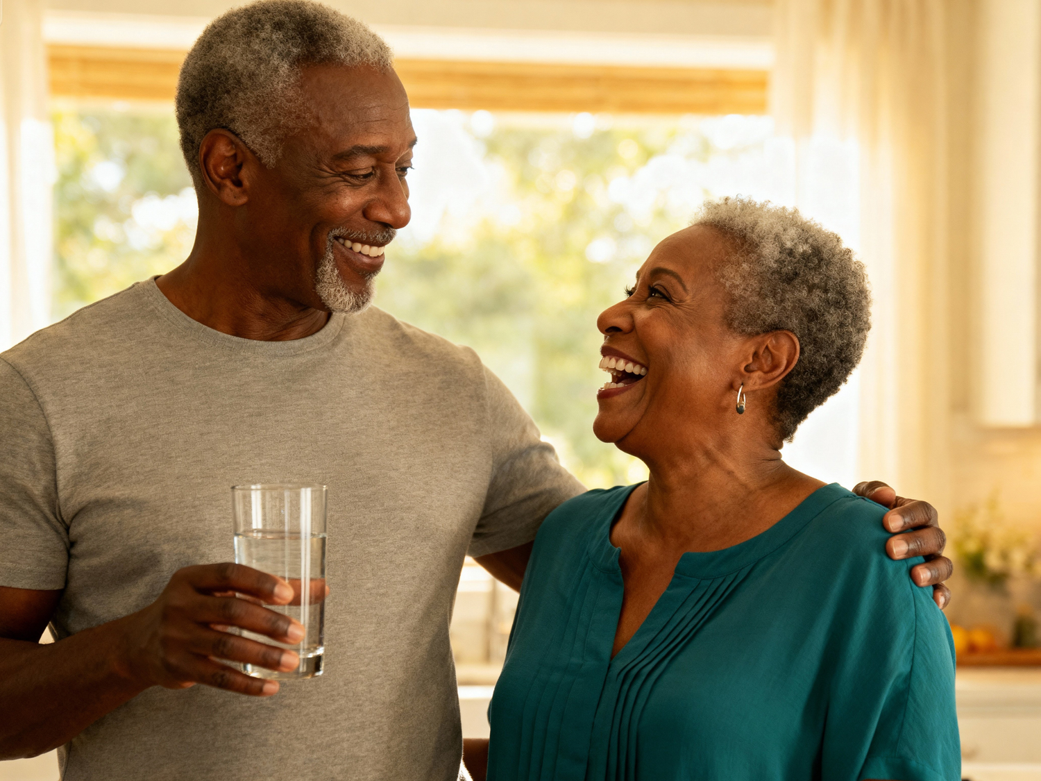 Couple in their 60's drinking water