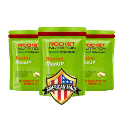 Three packages of Rocket ManUP by Rocket Nutrition with an American Made badge on a white background.