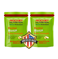 Two packages of Rocket Nutrition Rocket ManUP Extra-Strength on a white background