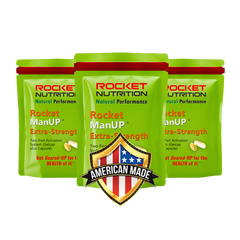 Three packages of Rocket ManUP Extra-Strength supplement with 'American Made' label on a white background