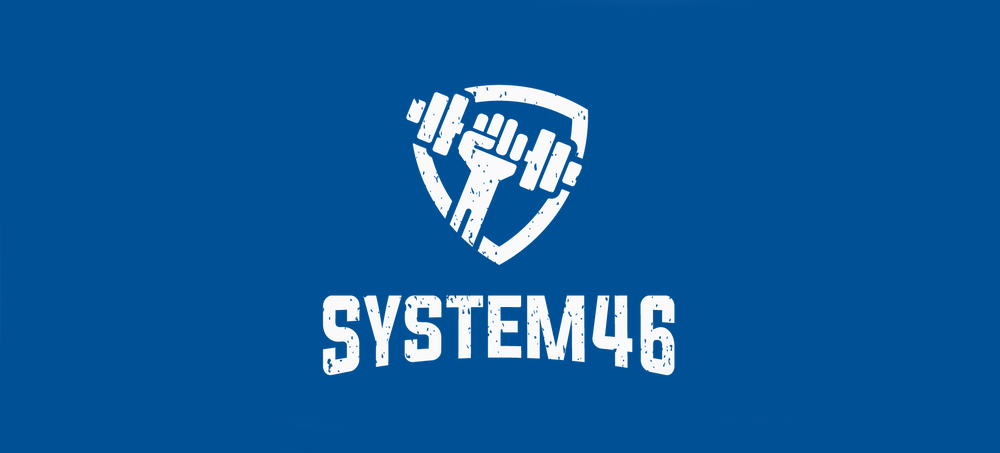Logo of SYSTEM46 with a white design on a blue background