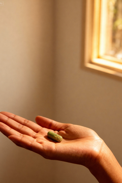 Woman holding a green Rocket Nutrition capsule