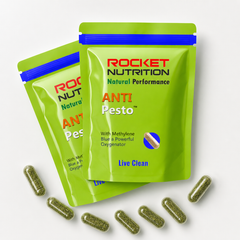 Anti Pesto two-pouch flat lay with capsules