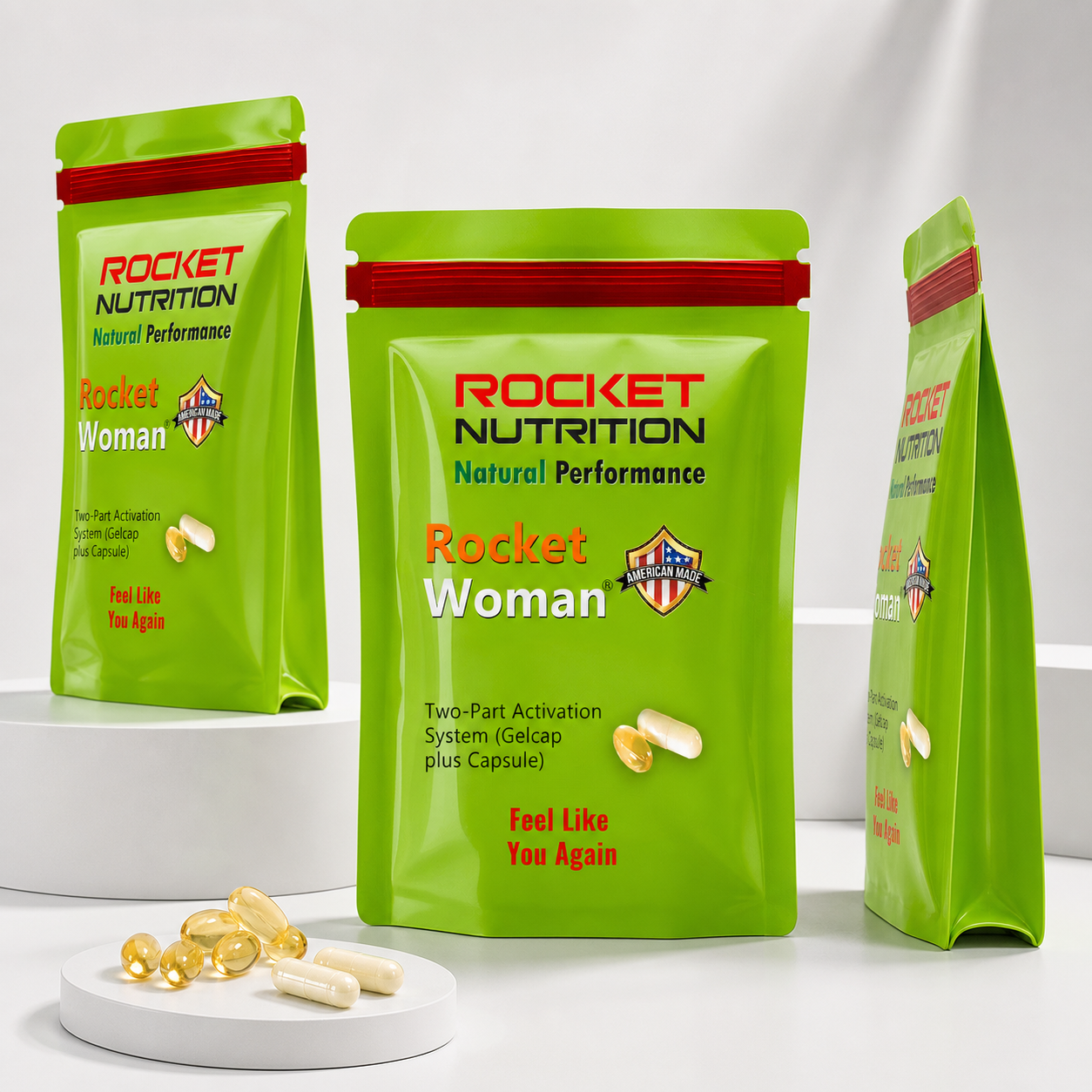 Rocket Man two-pouch product display with gelcaps and capsules – Two-Part Activation System, Get Geared-UP for the Health of it, Rocket Nutrition Natural Performance