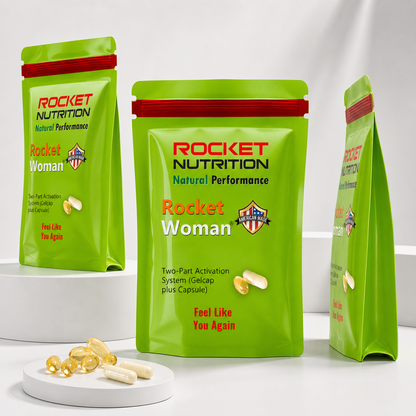 Rocket Man two-pouch product display with gelcaps and capsules – Two-Part Activation System, Get Geared-UP for the Health of it, Rocket Nutrition Natural Performance