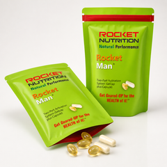 Rocket ManUP Extra-Strength three-pouch pedestal display – American Made men's natural performance supplement, Two-Part Activation System, Rocket Nutrition