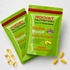 Rocket ManUP Extra-Strength two-pouch flat lay with yellow gelcaps and capsules – Powerful Male Enhancement, Rocket Nutrition Natural Performance