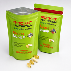 Rocket ManUP open and sealed pouches display showing Two-Part Activation System gelcap and capsule – American Made, Powerful Male Enhancement, Rocket Nutrition Natural Performance