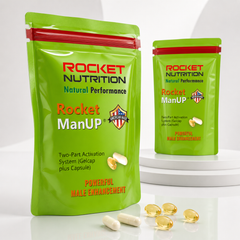 Rocket ManUP 2-pouch front display – men's natural performance supplement with Two-Part Activation System, American Made, Rocket Nutrition